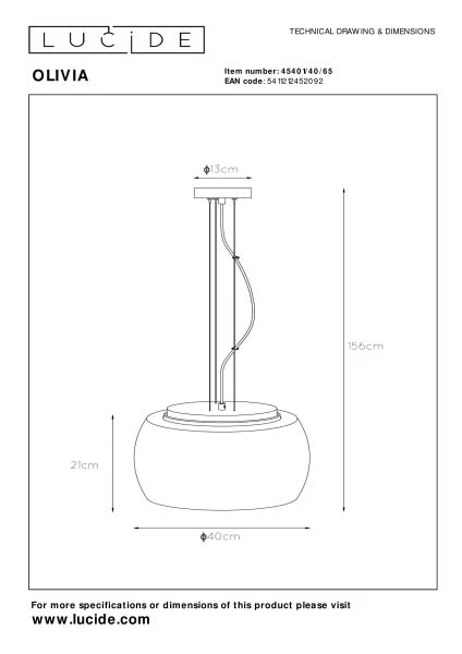 Lucide OLIVIA - Suspension - Ø 40 cm - 3xE27 - Fumé - TECHNISCH